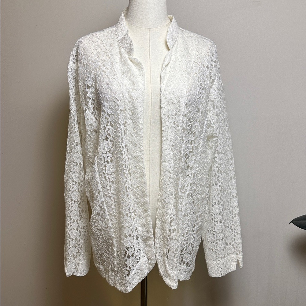 White Sheer Lace Open Front Relaxed Fit Cottagecore Coquette Femme Cardigan XL
